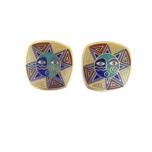 VTG Signed Laurel Burch Sundance Sun Face Square Stud Earrings Southwestern GUC